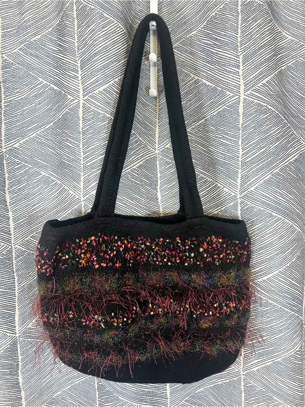 Black Wool Textured Multicolor Accent Fringe Tote Bag